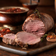 Venison rump roast on serving board beside bowl of cranberries